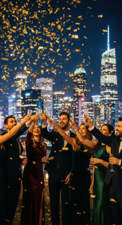 A group of happy friends in formal wear toasting with champagne on a rooftop at night. Golden confetti falls against a city skyline. Festive mood for celebrations, parties, or success.の素材