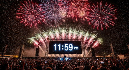 A massive crowd watches a countdown to midnight on a big screen with spectacular fireworks overhead. This festive scene captures the excitement of a New Year's Eve celebration.の素材