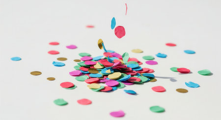 A close-up of colorful paper confetti falling onto a white background. This vibrant scene evokes joy and celebration, perfect for party invitations, festive designs, or holiday concepts.の素材