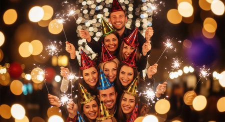A large group of happy friends in party hats celebrating with sparklers. The scene is joyful and festive against a bokeh background. Ideal for New Year's Eve or birthday content.の素材