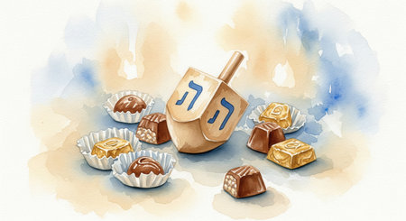A watercolor illustration of a dreidel and chocolate gelt. This festive scene captures the sweet, joyful spirit of Hanukkah. Ideal for holiday cards, invitations, or decorations.の素材
