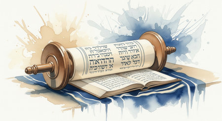 A watercolor illustration of a Jewish Torah scroll and an open holy book. This artistic piece evokes a spiritual and sacred mood. Ideal for religious content, cultural designs, or educational use.の素材