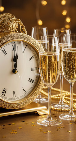 An elegant gold clock strikes midnight next to glasses of champagne. A festive and celebratory scene for New Year's Eve greetings, party invitations, or holiday-themed content.の素材
