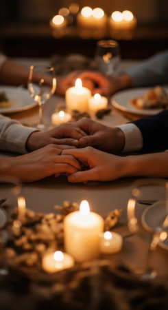 A close-up of a couple holding hands across a dinner table illuminated by warm, glowing candles. This scene evokes romance, intimacy, and love. Perfect for Valentine's Day or anniversaries.の素材