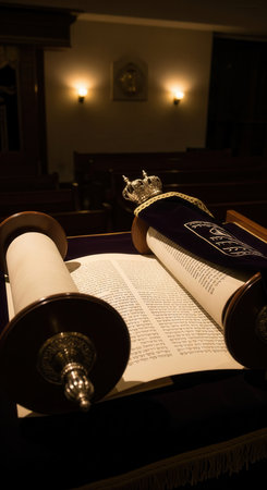 An open Torah scroll with Hebrew scripture, a velvet mantle, and a silver crown inside a synagogue. This image conveys a mood of reverence, faith, and tradition. Perfect for religious themes.の素材