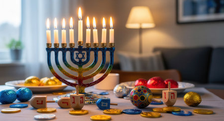 A colorful Hanukkah menorah with lit candles, surrounded by dreidels and chocolate gelt. The scene captures the warm, festive spirit of the Jewish holiday. Ideal for holiday content.の素材