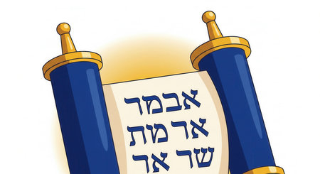 A cartoon illustration of a Torah scroll with Hebrew scripture. This image represents sacred Jewish texts, tradition, and faith. Perfect for religious education or cultural content.の素材