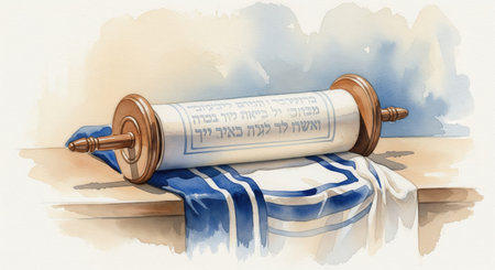 A watercolor illustration of a Torah scroll with Hebrew text lying on a Tallit. This peaceful image evokes spirituality and Jewish tradition. Perfect for religious content and holidays.の素材