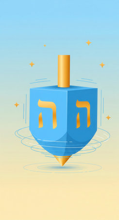 A 3D illustration of a spinning blue dreidel with golden Hebrew letters. This festive image evokes the joy of Hanukkah. Ideal for holiday cards, invitations, or social media.の素材