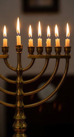 A close-up of a golden seven-branched menorah with lit candles. The warm, glowing light creates a peaceful and reverent mood. Perfect for topics on Judaism, faith, and holidays.の素材