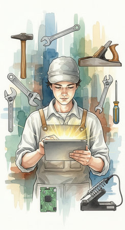 Watercolor illustration of a worker with a glowing tablet, surrounded by tools. This concept blends craftsmanship with technology, suggesting innovation. For technical education or repair services.の素材