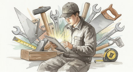 Watercolor illustration of a handyman using a tablet surrounded by tools. This concept blends traditional craft with modern technology. Perfect for construction, DIY, and tech blogs.の素材