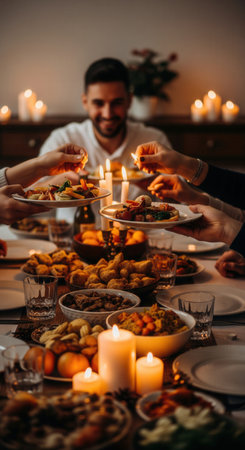 People enjoying a festive meal at a table lit by warm candlelight. The scene evokes a cozy, celebratory mood of togetherness. Ideal for holidays, gatherings, or food-related themes.の素材