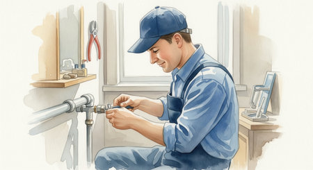 A watercolor painting of a smiling plumber in uniform repairing a pipe. The friendly, professional mood conveys reliability and skill. Perfect for home service ads or trade articles.の素材