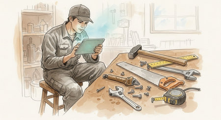 A watercolor illustration of a young craftsman using a tablet in his workshop. This scene blends traditional labor with modern technology, suggesting or planning. Perfect for DIY blogs.の素材