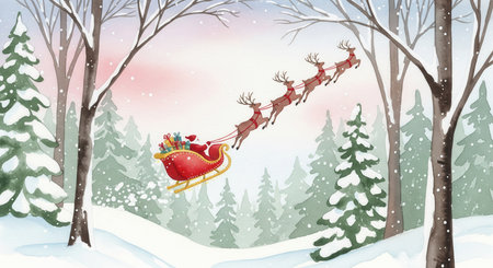 Watercolor illustration of Santa's sleigh flying over a snowy forest. This magical scene evokes the joyful spirit of Christmas. Ideal for holiday cards, decorations, and festive designs.の素材