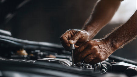 Close-up on the weathered hands of a mechanic using a tool to fix a car engine. This image evokes expertise and precision, perfect for auto repair services or industry blogs.の素材