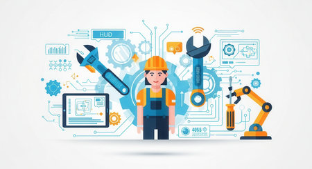 A female worker with digital interfaces, a robotic arm, and tools. Illustrates Industry 4.0, automation, and smart manufacturing. Ideal for tech, engineering, or business concepts.の素材
