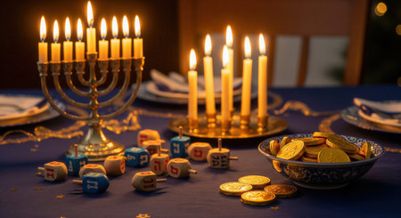 A festive Hanukkah table with a lit menorah, dreidels, and chocolate gelt. The warm candlelight creates a cozy, traditional atmosphere. Ideal for holiday greetings or cultural content.の素材