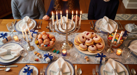 A family gathers at a festive table for Hanukkah, featuring a lit menorah, sufganiyot, and gifts. The scene is warm and traditional, ideal for holiday or cultural content.の素材