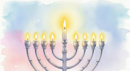 A gentle watercolor painting of a lit Hanukkah menorah. The soft, glowing illustration evokes a warm, spiritual, and festive mood. Perfect for holiday greetings and religious events.の素材