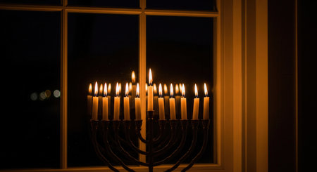A lit Hanukkah menorah glowing warmly in front of a window at night. The scene evokes a sense of peace, tradition, and faith. Ideal for holiday greetings or religious content.の素材