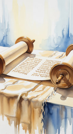 A beautiful watercolor painting of an open Torah scroll with Hebrew script. The image has a sacred, peaceful mood. Perfect for religious content, Jewish holidays, and cultural designs.の素材