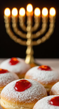A close-up of traditional Hanukkah sufganiyot, jelly-filled donuts, with a glowing menorah in the background. A warm, festive scene for holiday celebrations or food-related content.の素材