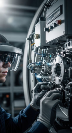 An engineer uses augmented reality glasses to work on a machine, viewing a holographic interface. This represents Industry 4.0, innovation, and the future of manufacturing and repair.の素材
