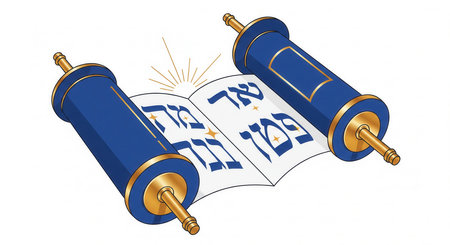 An open Torah scroll with Hebrew scripture, blue covers, and gold details. Symbolizes Jewish faith, tradition, and divine law. Perfect for religious content and holiday designs.の素材