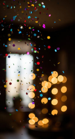 Colorful confetti falls against a dark background with warm bokeh lights. This festive and joyful image is perfect for celebrations, parties, holidays, and event announcements.の素材