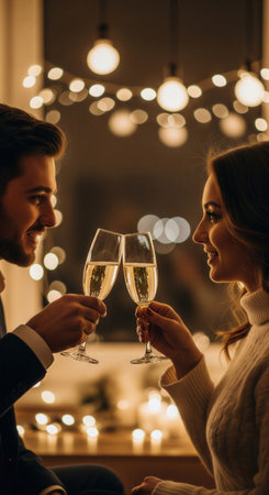 A happy couple clinks glasses of champagne in a romantic setting with warm bokeh lights. This intimate moment is perfect for celebrating love, anniversaries, or special occasions.の素材
