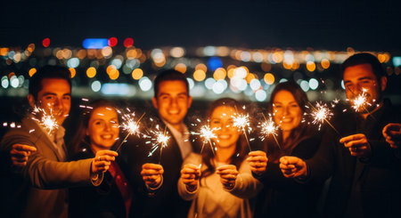 A group of happy friends holding burning sparklers at a nighttime party. This festive scene with city light bokeh is perfect for content about holidays, friendship, and celebrations.の素材