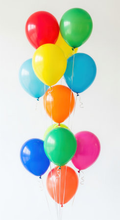 A vibrant bunch of colorful helium balloons against a plain white background. This image evokes joy and celebration, ideal for party invitations, birthday greetings, and festive designs.の素材