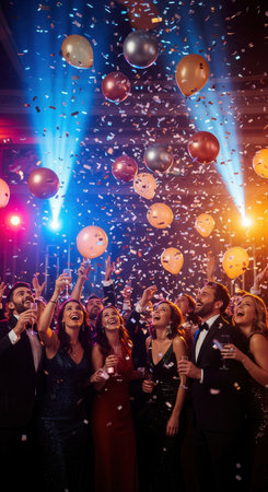A group of happy friends in formal wear celebrate under falling confetti and balloons. This festive and elegant scene is ideal for New Year's, parties, or success-themed content.の素材