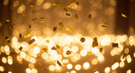 Golden confetti falls against a warm, glowing bokeh background. This scene evokes a festive, celebratory mood, perfect for New Year's, birthdays, or award night designs.の素材