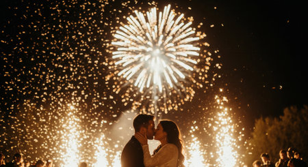 A bride and groom share a romantic kiss surrounded by dazzling golden fireworks. This magical scene evokes love and celebration, ideal for wedding content or event announcements.の素材