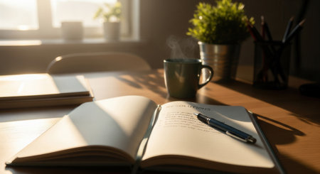 An open journal with handwritten resolutions on a desk with a steaming coffee cup. The warm morning light creates a peaceful, motivational mood. Perfect for goal setting concepts.の素材