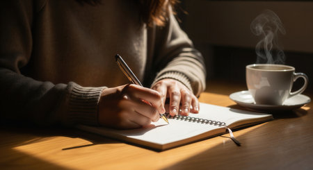 A woman writes in a notebook with a pen, a steaming coffee cup nearby. The warm sunlight creates a cozy, contemplative mood. Perfect for blogs on writing, study, or self-care.の素材