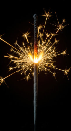 A close-up of a burning sparkler emitting golden sparks on a black background. This image conveys a festive, magical, and celebratory mood. Ideal for holidays, parties, and events.の素材