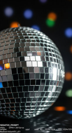 A close-up of a shiny disco ball with a dark background and colorful bokeh lights. The mood is festive and retro. Ideal for party flyers, event posters, or music concepts.の素材