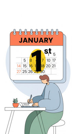A man writes new year's resolutions at a desk with a January 1st calendar. Concept of planning, new beginnings, and goal setting. Ideal for motivational or productivity content.の素材