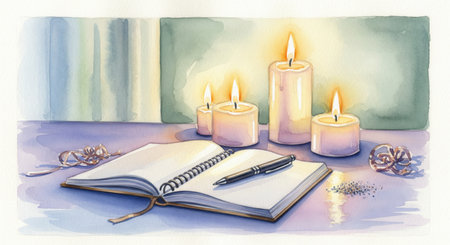 A beautiful watercolor of a journal and lit candles. This cozy scene evokes peace, reflection, and warmth. Perfect for mindfulness blogs, creative writing prompts, or hygge concepts.の素材