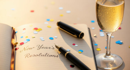 An open journal with 'New Year's Resolutions', a fountain pen, and champagne. The scene has a warm, hopeful mood for a fresh start. Ideal for content on goals or new beginnings.の素材