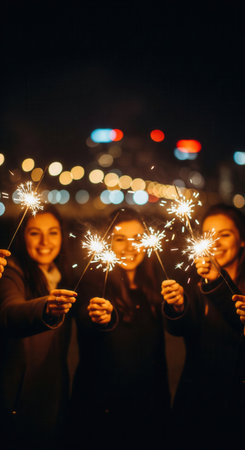 A group of smiling young women hold burning sparklers at night. The scene is festive and joyful, with city lights bokeh. Perfect for New Year's Eve, holidays, and parties.の素材