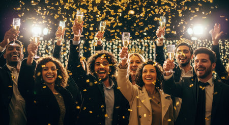A diverse group of joyful friends toasts with champagne under falling golden confetti. This festive scene evokes excitement and celebration, perfect for New Year's or success concepts.の素材