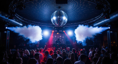 A packed nightclub with a crowd dancing under a sparkling disco ball and colorful lights. The energetic atmosphere is perfect for promoting events, music, or nightlife entertainment.の素材