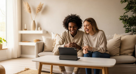A happy multiracial couple laughs while watching a tablet on the sofa in their cozy living room. The scene evokes joy, connection, and modern home life. Perfect for lifestyle content.の素材