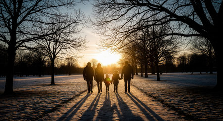 Silhouette of a family with two children walking in a snowy park at sunset. This peaceful scene evokes feelings of love, togetherness, and warmth. Perfect for family-themed content.の素材
