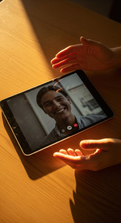 A person's hands frame a tablet during a video call with a smiling man. The warm, golden sunlight creates an intimate mood. Ideal for themes of love, family, and modern communication.の素材